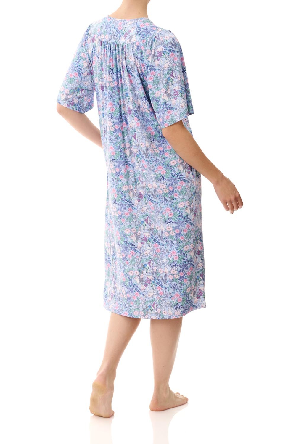 Ladies PJS Givoni Blue Floral Slinky Short Sleeve Zip Front Brunchcoat ...