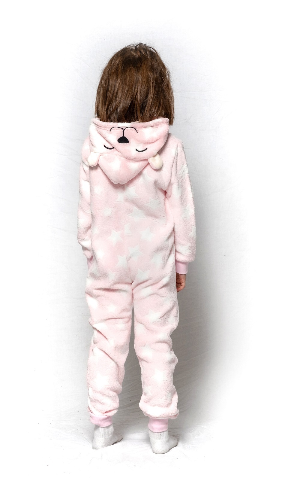 Girls Size 3-8 Pink Star Bear Winter Fleece Hooded One Piece Jumpsuit