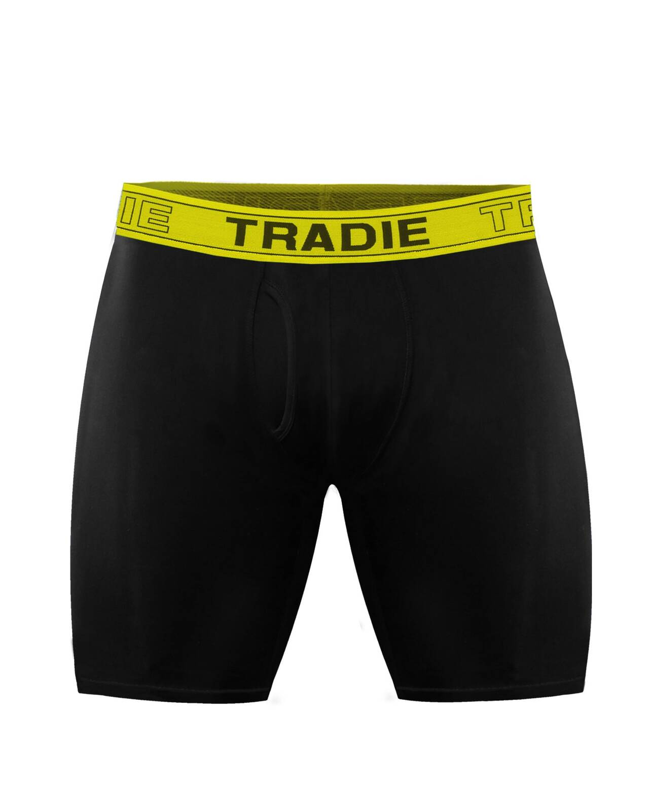 Mens 2 Pack Tradie No Chafe Boxer Shorts Long Leg Trunk Black Yellow (9SK)