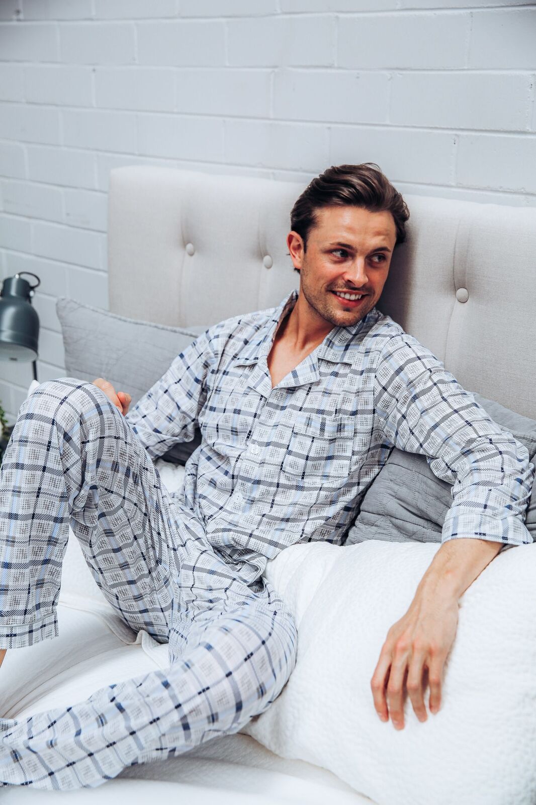Mens Long Cotton Pjs Pyjamas White Blue Grey Checks (sz S-XXL)
