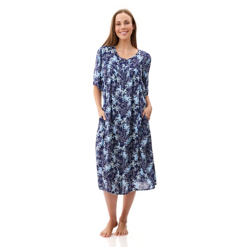 Ladies PJS Givoni Navy Floral Slinky Short Sleeve Button Brunchcoat (Katherine 20K)