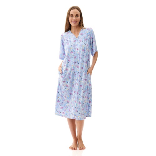 Ladies PJS Givoni Blue Floral Slinky Short Sleeve Zip Front Brunchcoat (Gabby 10G)