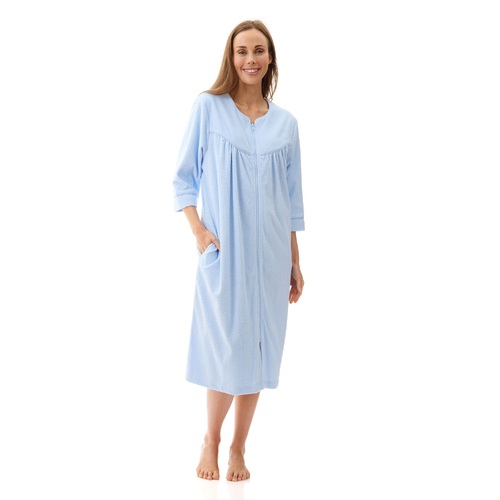 Ladies Givoni Blue Zip Front Cotton Blend Towelling Dressing Gown Robe 3/4 Sleeve (87)