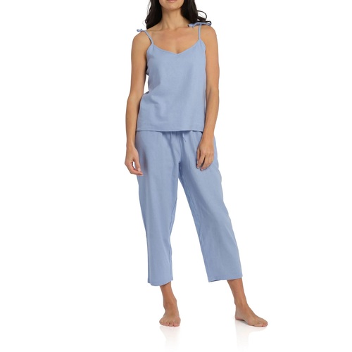 Ladies Magnolia Lounge Blue Linen Cami and 3/4 Pants PJS Set Cornflower