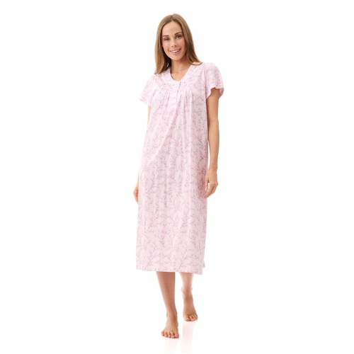 Ladies PJS Givoni Pink Floral Cotton Short Sleeve Nightie Mid Length (Colette 05C)