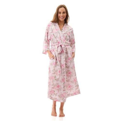 Ladies Givoni Pink Floral Cotton Dressing Gown Robe Wrap Mid Length (Lauren 12L)