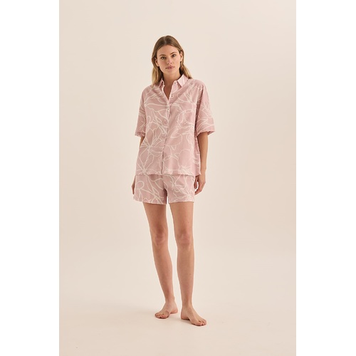 Ladies Gingerlilly PJS Pink Floral Cotton Short Shirt Set Pyjamas Milana