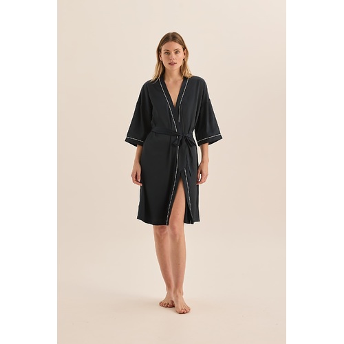 Ladies Gingerlilly PJS Navy Satin Dressing Gown Robe Wrap Lacey