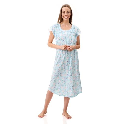 Ladies PJS Givoni Mint Floral Cotton Cap Sleeve Nightie Mid Length (Geni 02G)