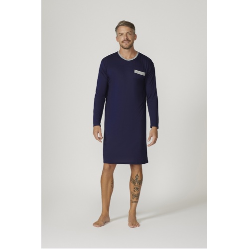 Mens Pyjamas Contare Bamboo Cotton Long Night Shirt Pjs Navy Blue (BLN)