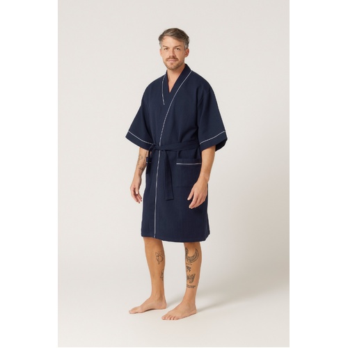 Mens Sizes S-7XL Contare Navy Blue Cotton Waffle Bathrobe Dressing Gown Robe (FNV)