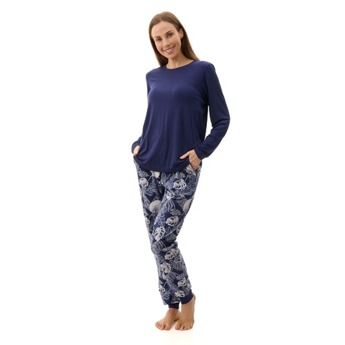 Ladies Givoni Cotton Long Length PJS Set Navy Blue Floral (Drew 22D)