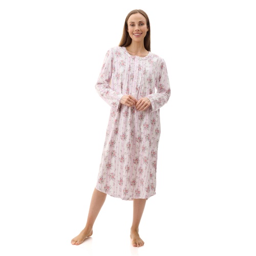 Ladies Givoni Cotton Flannelette Mid Length Nightie PJS Pink Floral (Beth 71B)