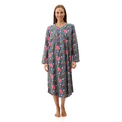 Ladies Givoni Cotton Flannelette Mid Length Nightie PJS Dark Floral (Cassidy 71C)