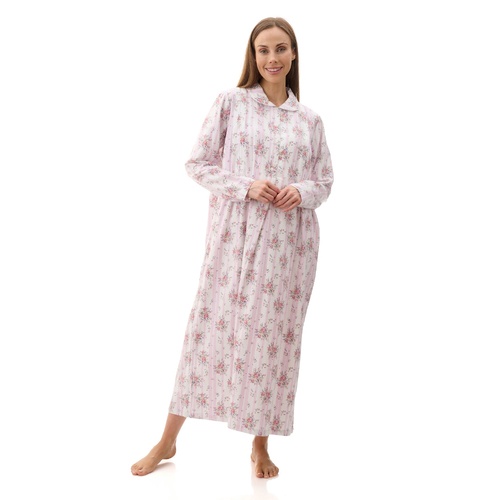 Ladies Givoni Cotton Flannelette Long Length Nightie PJS Pink Floral (Beth 83B)