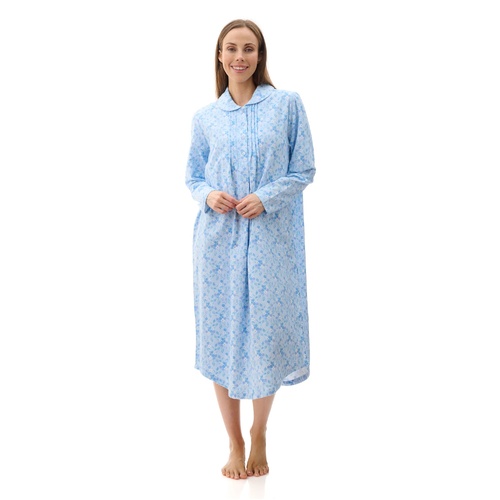 Ladies Givoni Cotton Flannelette Mid Length Nightie PJS Blue Floral (Aria 92A)