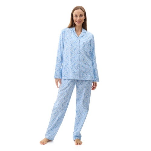 Ladies Givoni Cotton Long Length Flannelette PJS Blue Floral (Aria 96A)