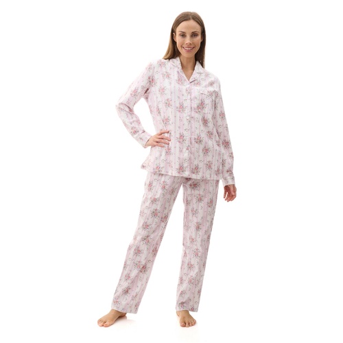 Ladies Givoni Cotton Long Length Flannelette PJS Pink Floral (Beth 96B)