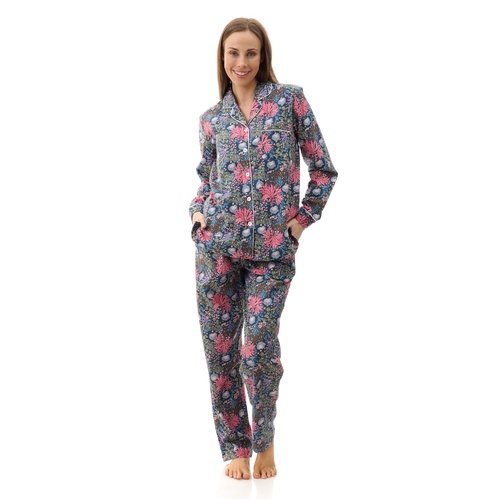 Ladies Givoni Cotton Long Length Flannelette PJS Dark Floral (Cassidy 96C)