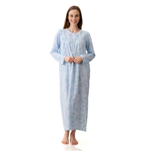 Ladies Givoni Cotton Long Length Blue Floral Print Nightie PJS (Emma 50E)